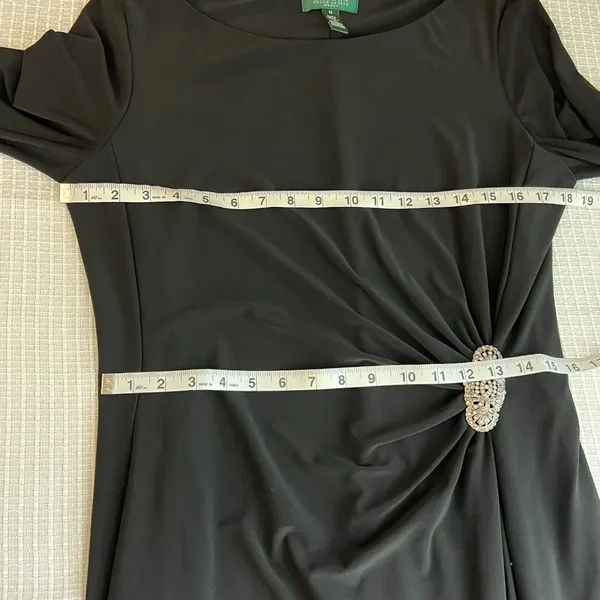 Lauren Ralph Lauren Dress 14 Black Sheath Ruched Broach Long‎ Sleeve Flattering - Image 6