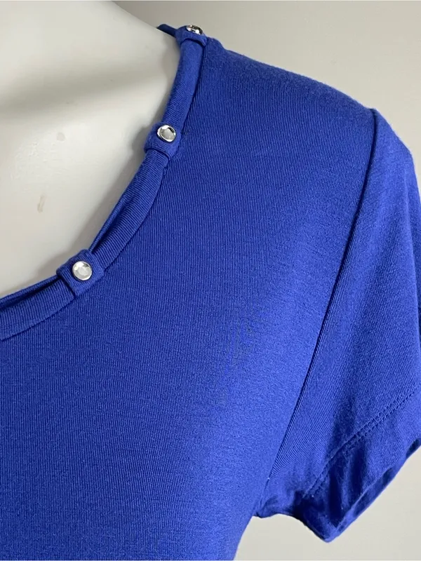 HARLEY DAVIDSON | Blue Short-Sleeve Scoop Neck Top with Beaded Trim Sz M - Image 3