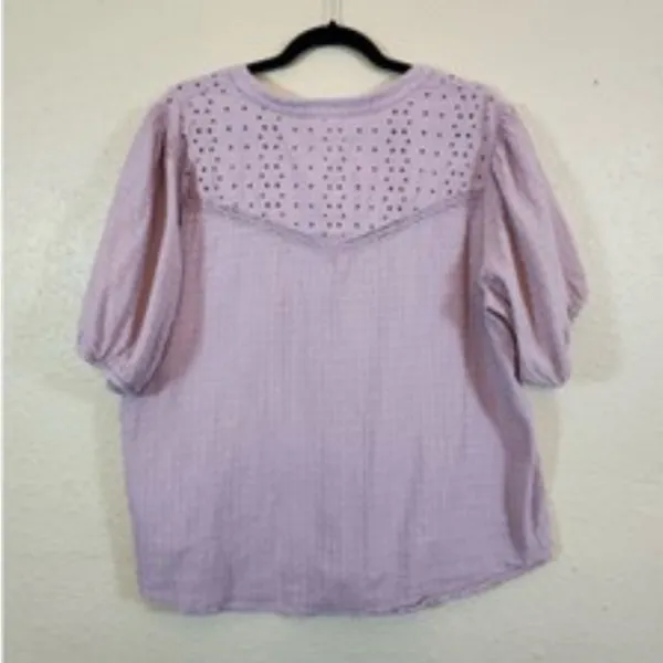Knox Rose Size XL Purple Blouse Eyelet Short Puff Sleeves Button Front - Image 5
