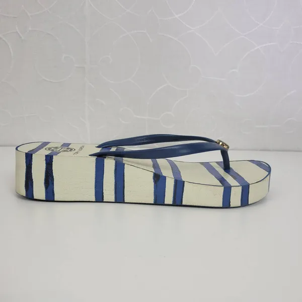 Tory Burch Womens Sandals Size 6.5 White and Blue Stripe Slip On Heels - Image 2