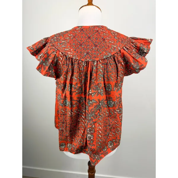 Ulla Johnson Kosta Top Printed V-Neck Blouse Ruffle Flutter Sleeve Orange XS 0 - Image 3