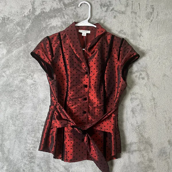 Vintage Whimsigoth Dark Romance Red‎ Satin Polka Dot Belted Blouse Structured SM - Image 5