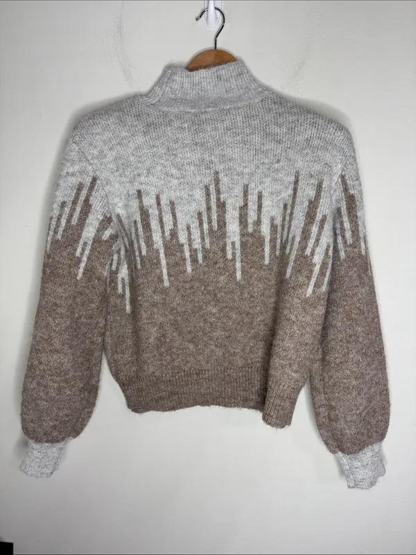 Ophelia Roe Turtleneck Two-Tone Heather Gray-Camel Geo Pattern Neutral Sweater S - Image 2