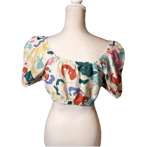 & Other‎ Stories Cropped Top Small Multicolor Abstract Puff Sleeve Elastic Hem - Image 4