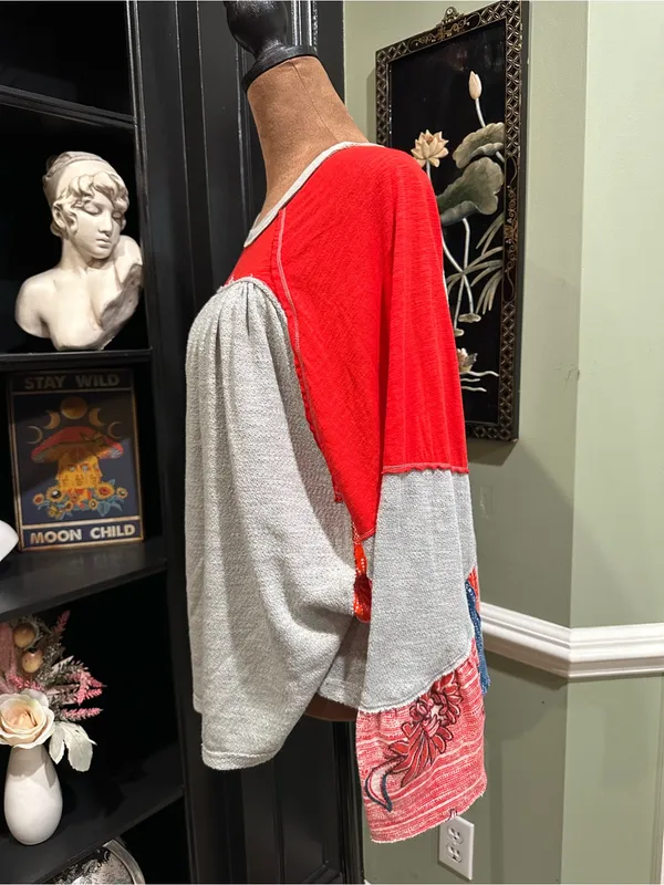 Free People We The Free “Friday Fever” Thermal Top in Red + Grey with Patterned - Image 3