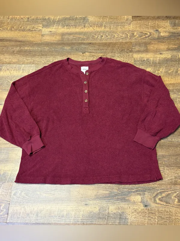 Aerie Sherpa Henley Sweatshirt Womens XXL Oversized Fleece Red Deep Cherry - Image 2