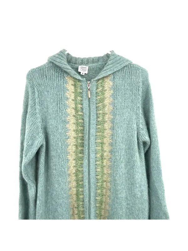 Margaret OLeary Cardigan Sweater Kid Mohair Blend Zip Front Blue Green Size 2 - Image 2