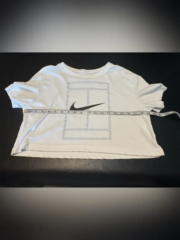 Nike White Cropped Oversized Swoosh Tee size Small - Image 7