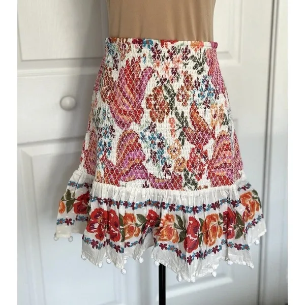 Farm Rio Womens Spring Bananas Smocked Mini Skirt Floral Pom Pom Trim Size M - Image 2