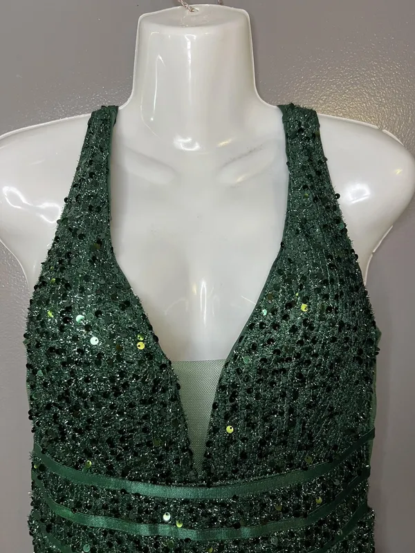 FAERIESTY Dress Womens Medium Green Sequin V-Neck Fit & Flare Maxi Formal Gown - Image 2