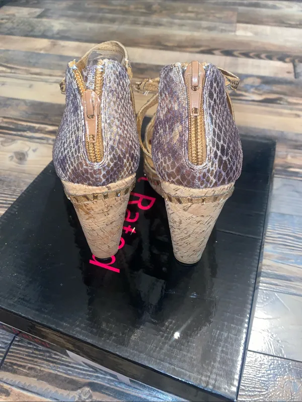 Not Rated Gold Snake-Print Cork Wedge Sandals - Image 4