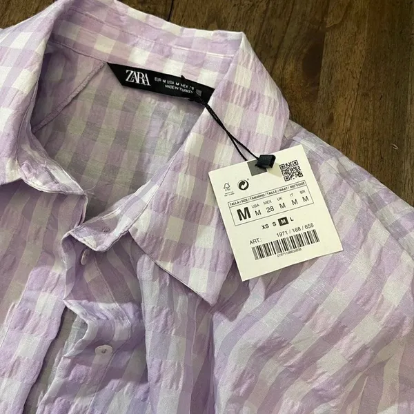Zara Cropped Lilac Gingham Shoulder Padded Poplin Shirt - Image 7