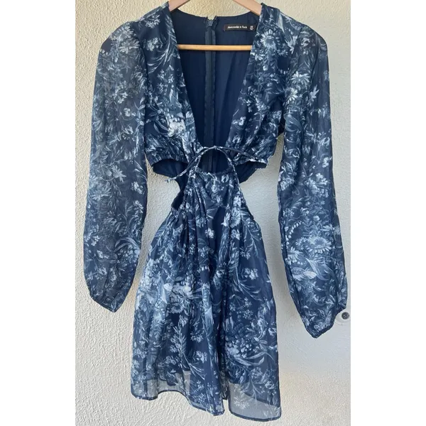 Abercrombie & Fitch Blue Floral Cutout Plunge Mini Dress Long Sleeve Beach Vacay - Image 5