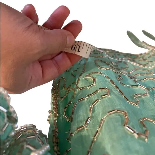 Handmade Vintage 90s Beaded Sequin Seagreen Fairycore Asymmetrical Hem Formal blouse - Image 14