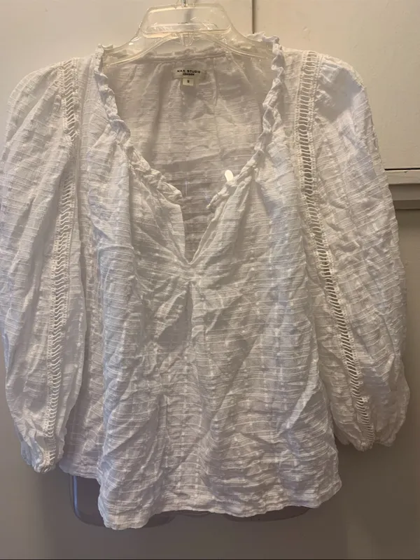 Max Studio White Gauze Peasant Blouse with Lace Insets - Image 2
