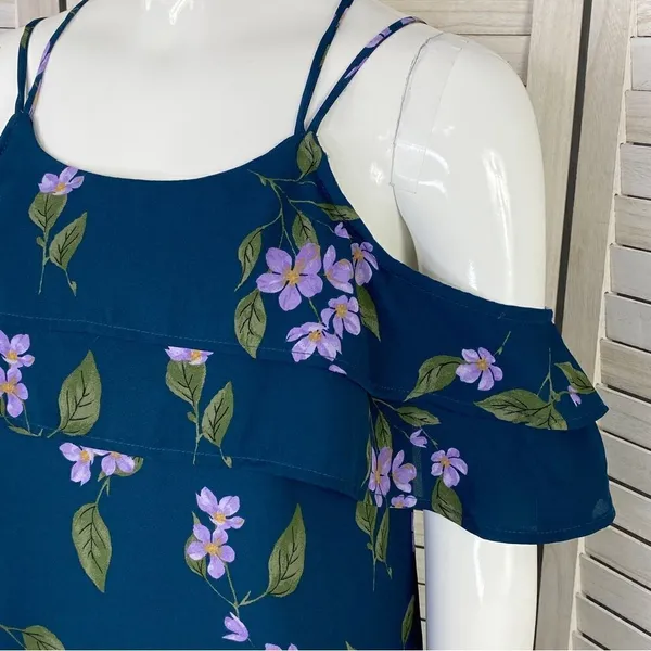 Mi Ami Francesca’s Floral‎ Cold Shoulder Tiered Ruffle Shift Dress Teal XS - Image 5