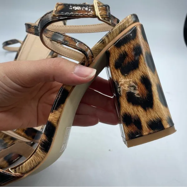 Raid Brown Leopard Print Block Chunky Heels Strappy Womens Sandals 7 Ankle Strap - Image 4