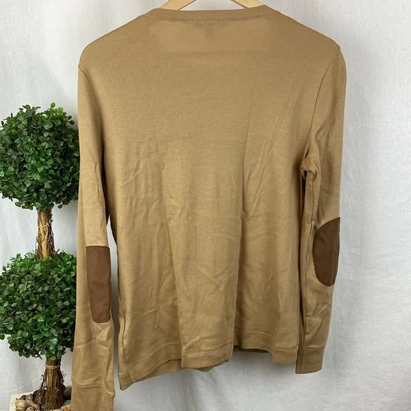 Ralph Lauren Tan Long Sleeve Cotton Leather Trim Tee T Shirt L - Image 3