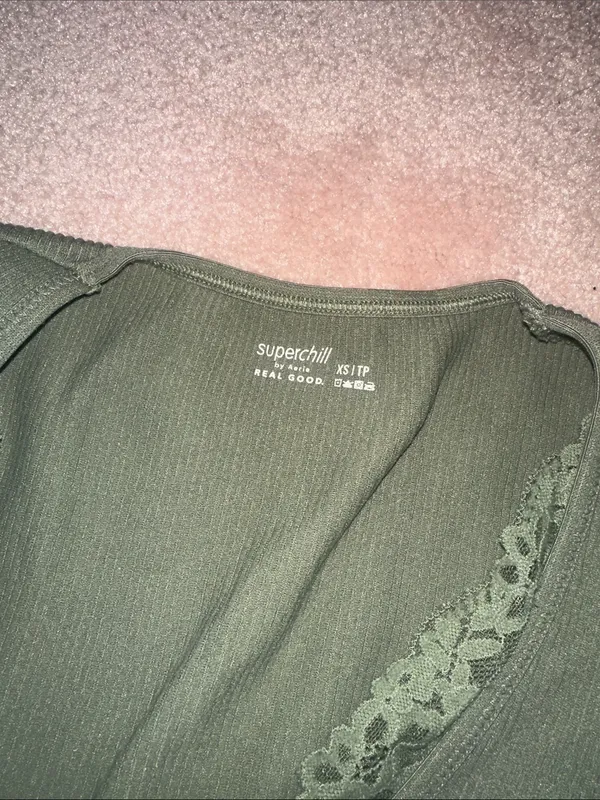 Aerie Superchill Olive Green Ribbed Lace V Neck Cropped Top - Image 4