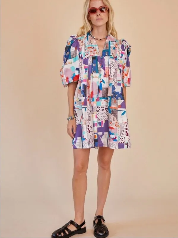HUNTER BELL Tuckernuck Jenkins Mini Dress Patchwork Print Cotton Puff Sleeve - Image 2