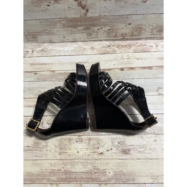 Tory Burch Annamarte Platform Wedge Sandals Size 6.5 Black Patent Leather Gold - Image 8