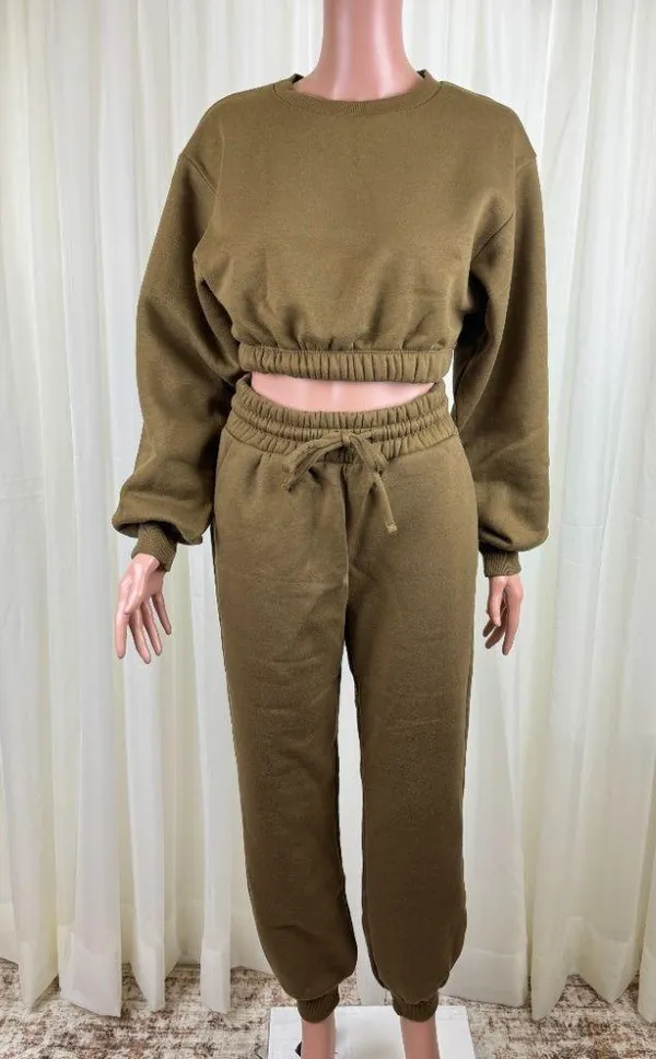 Zenana 2 Piece Crop Top Tracksuit Jogger Pants Set Outfit Workout Small Olive Green - Image 2