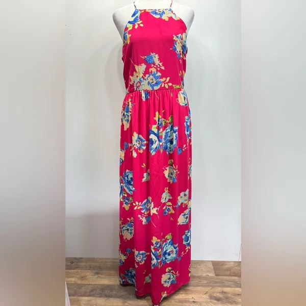 Everly Hot Pink Floral Halter Neckline Maxi Sundress Pleated Skirt Boho Vacation Party - Image 2