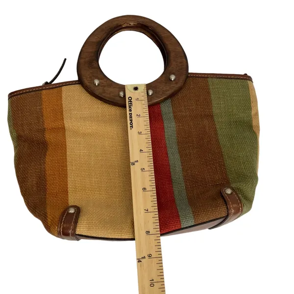 Fossil Multi Colored Striped Leather Trim Wood Handle Satchel Purse - Image 12