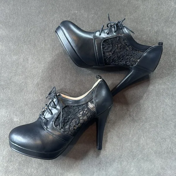 Women’s Black High Heel Lace Up Booties with Lace Detail EU40 Size 9/9.5 US NEW - Image 3