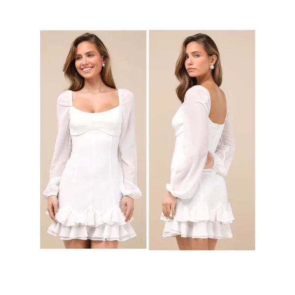 Lulus Gorgeous Expertise White Ruffled Long Sleeve Mini Dress Size Large Bridal - Image 2