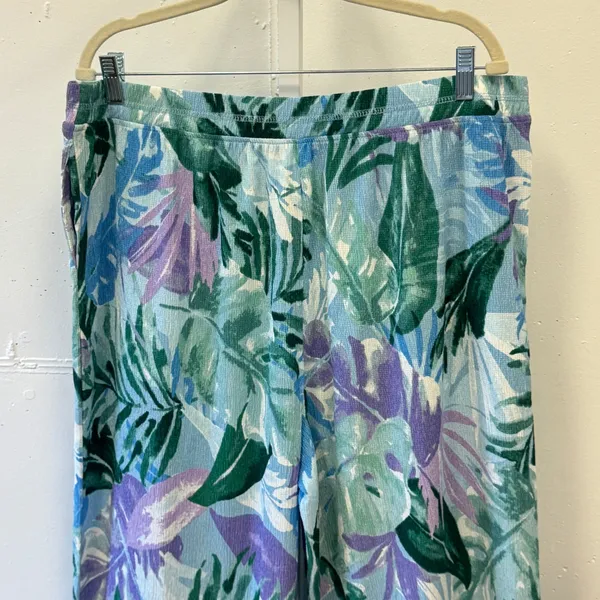 Cuddl Duds Tropical Palm Print Wide Leg Pants Blue Green Purple XL High Waist - Image 3