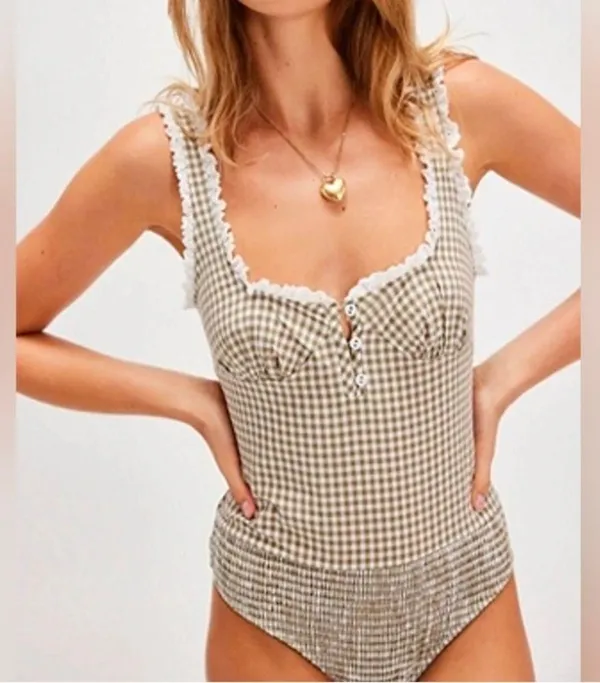 Free People Cassie Gingham Ruffle Bodysuit Size Large - Image 2