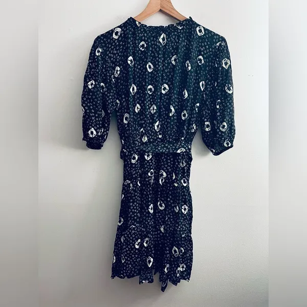 Anthropologie Lusana women Cinched mini dress tiered print balloon sleeve M 6 - Image 4