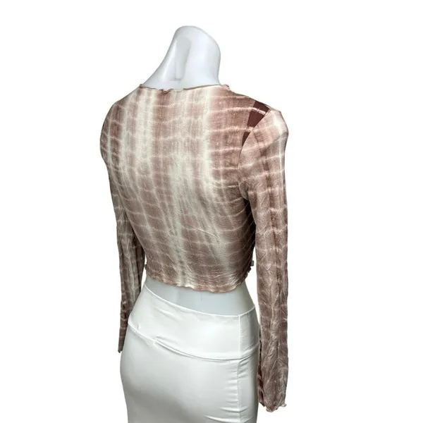 Shein Brown Tan Tie Dye Print Lettuce Trim Crew Neck Long Sleeve Crop Top Size S - Image 3