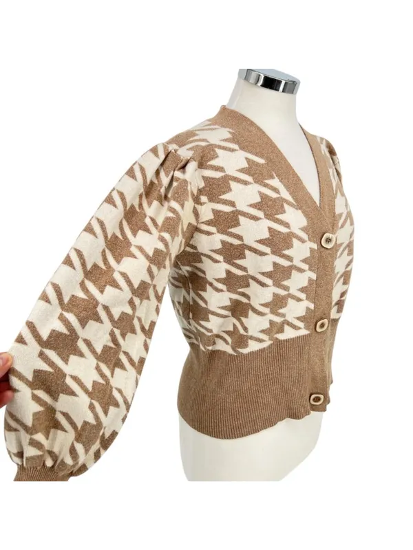 Joie Beige Houndstooth Puff Sleeve Cardigan Sweater Dark Light Academia Medium - Image 2