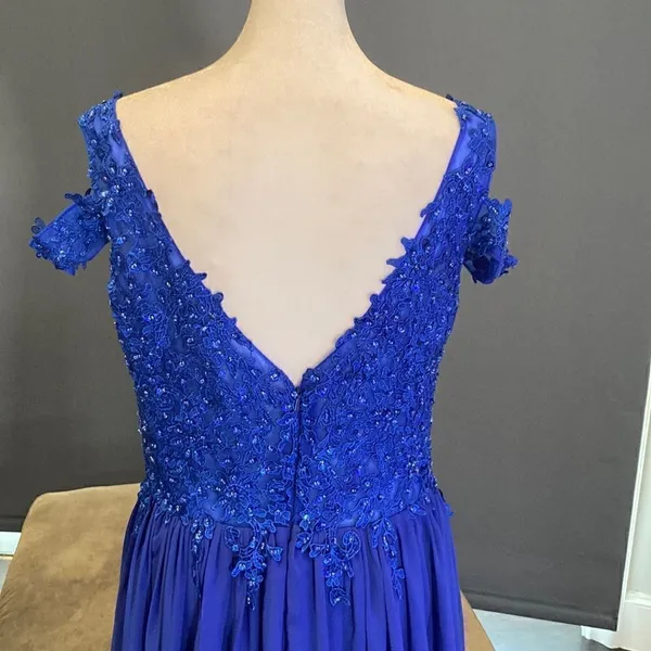 Women’s Blue A-Line Lace Appliqué Bridesmaid Party Dress Leg Slit Size 10 NWT - Image 5