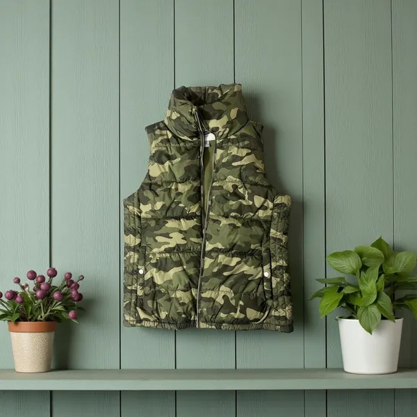 Old Navy Womens Puffer Vest Camo Green Zip Up Stand‎ Collar Size M - Image 3