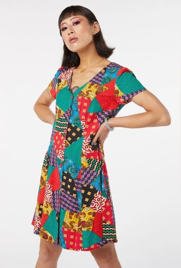 Dangerfield x ModCloth patchwork multi button front viscose dress, size 14 XL - Image 5