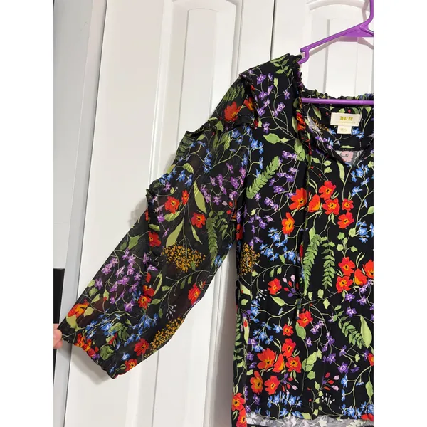 Maeve Anthropologie Blouse Floral Ruffle‎ Black Sheer Sleeve S Boho Cottagecore - Image 5