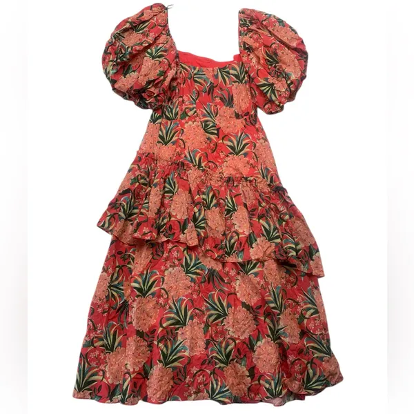 FARM Rio size large pineapple bloom midi dress pink green puff sleeve floral - Image 2