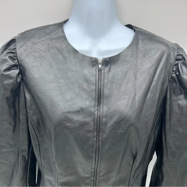 DO+BE Black Vegan Leather Zippered Front Jacket with Puff Sleeves-Size M - Image 2