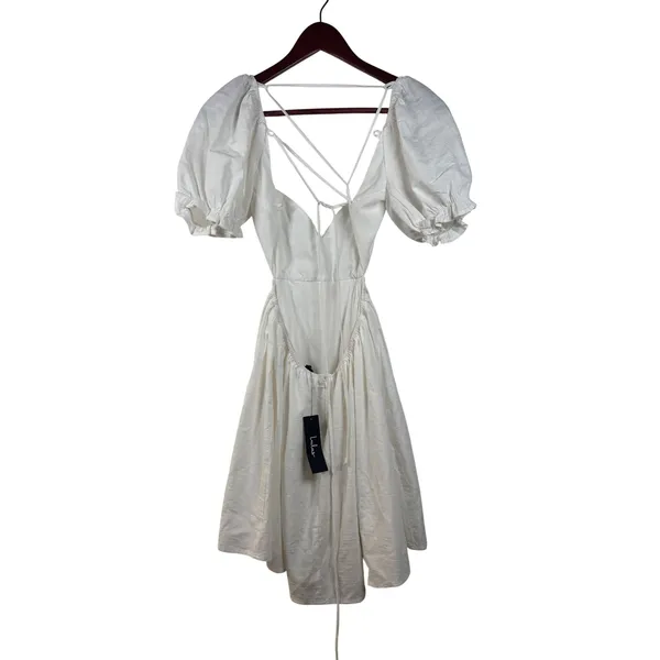 Lulus Mini Dress Womens M White Cotton‎ Linen Puff Sleeve Lace Up Back MD2965LU - Image 4