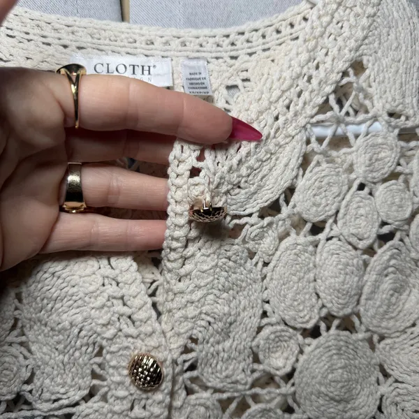 Ivory Cardigan Women XS Cream Crochet Button Front Boho Sweater Cottagecore‎ - Image 9