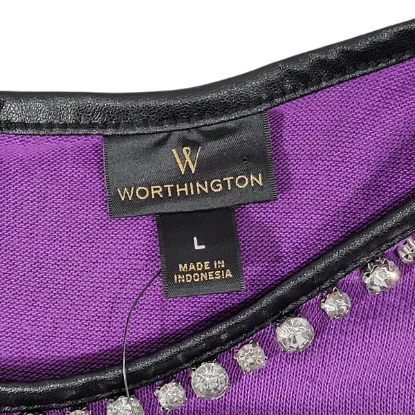 Worthington Purple Long‎ Sleeve Rhinestone Embellished Zipper Neck Top Shirt L - Image 5