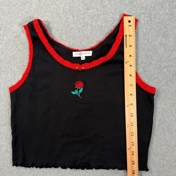 Love & Lazy Days Women's Large Black Rose Crop Tank Top Embroidered Lace Scallop - Image 4
