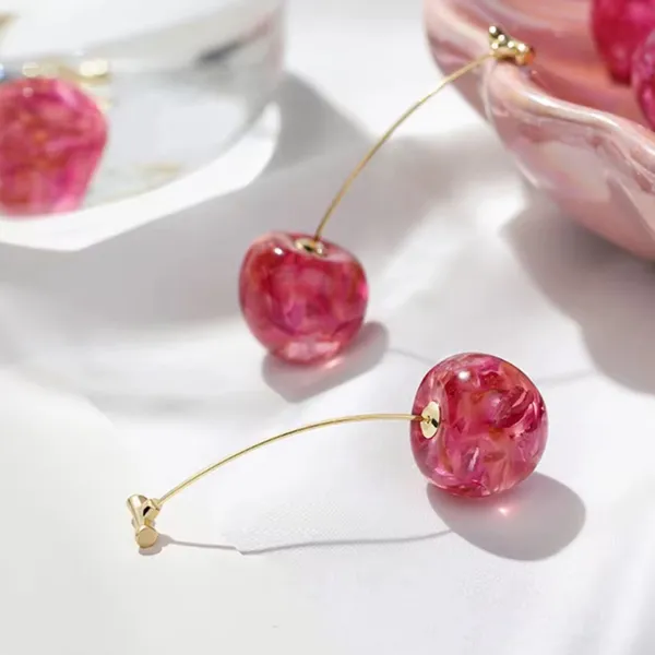 Pink and Gold Cherry Drop Earrings - Image 4