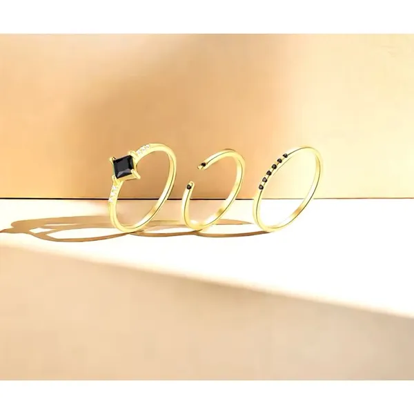 NEW Women's Dainty 14k Gold Plated S925 Black Melee Diamond Ring Size 6‎ - Image 4