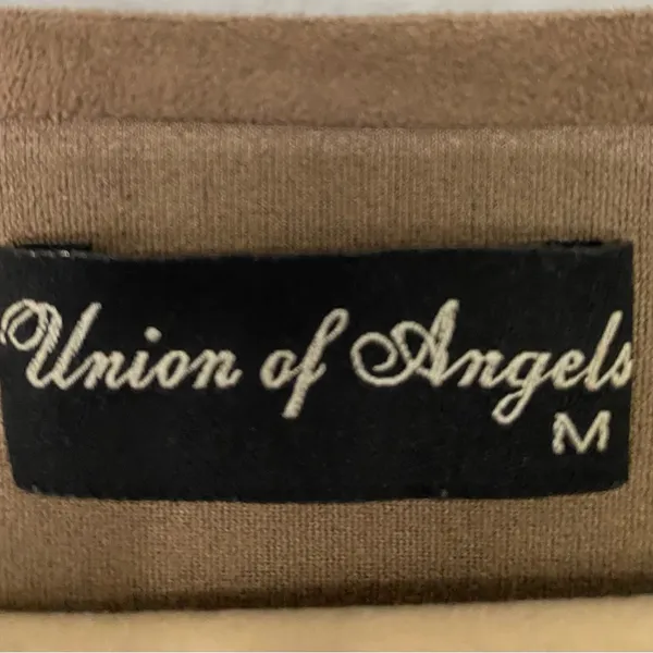 Union of Angels Faux Suede V-Neck Dress Lattice Sleeve Brown Medium - Image 4