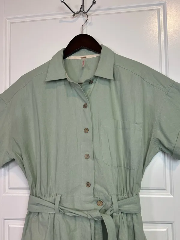 Free People Bohemian Sage Green Cotton No Plans Button Front Romper Size Medium - Image 3