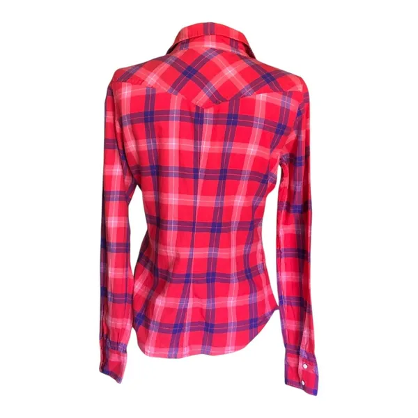American Eagle Outfitters Plaid Button Up Shirt Red Blue Long Sleeve Small - Image 4